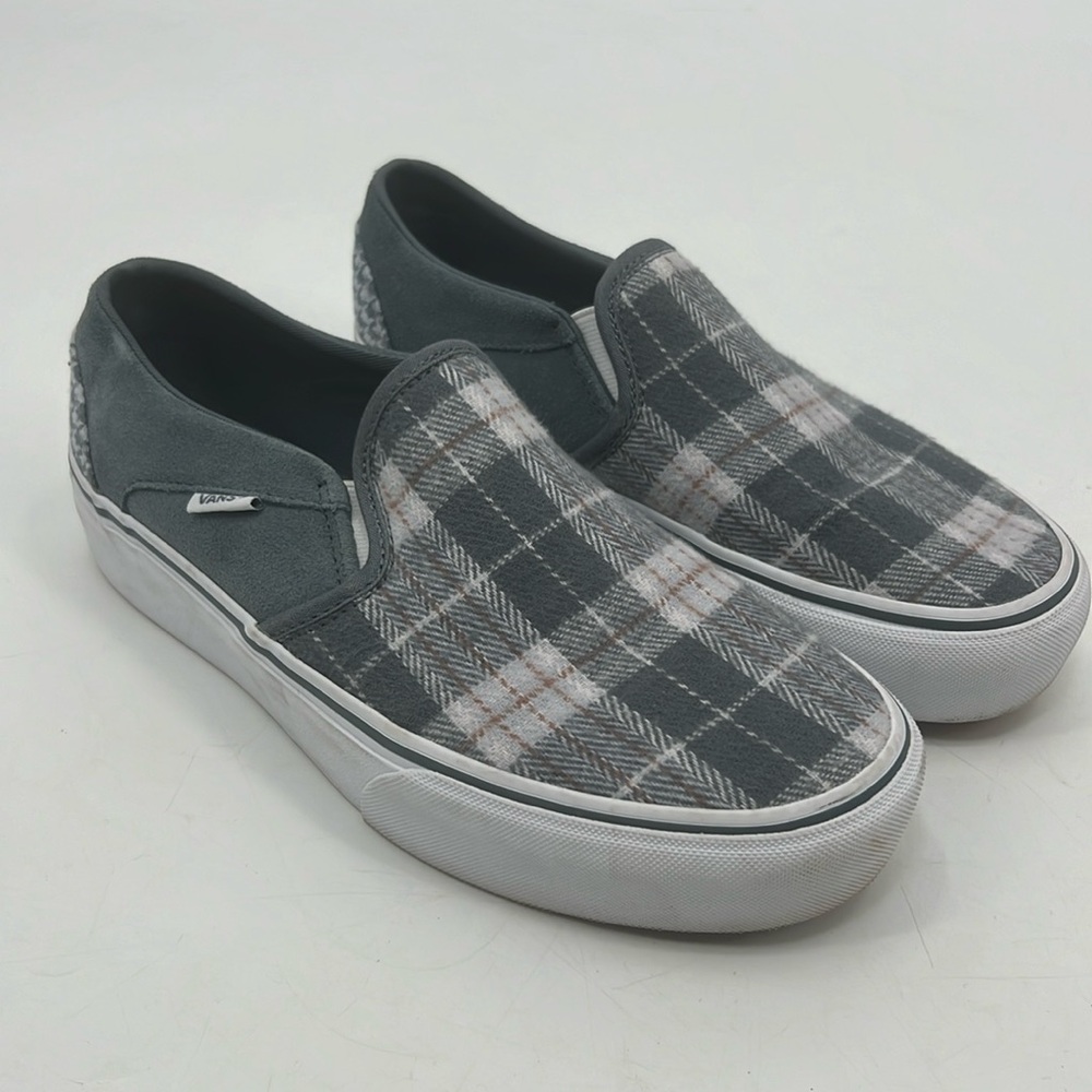 Vans Slip-On Plaid Sneakers in Gray and White